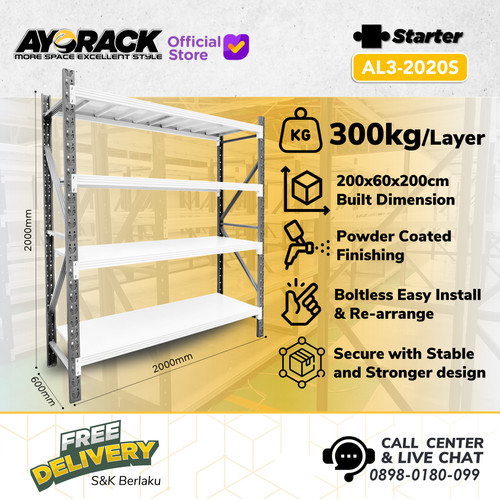 RAK GUDANG BESI 4 TINGKAT 2 METER AYORACK AL3-2020S LIGHT DUTY 300KG