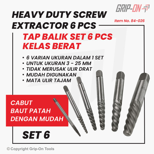 GRIP-ON HEAVY DUTY SCREW EXTRACTOR TAP BALIK KELAS BERAT SET 6 PCS