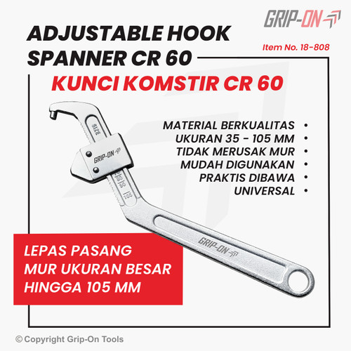 GRIP-ON ADJUSTABLE HOOK SPANNER CR 60 KUNCI MUR KOMSTIR UKURAN BESAR