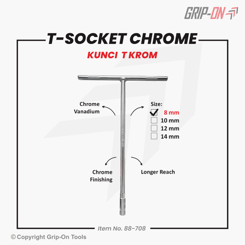 Grip-On T-Socket Chrome Kunci Soket T Chrome / Kunci T Krom Heksagonal