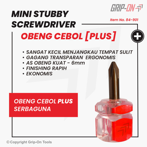 Grip-On Mini Stubby Screwdriver Obeng Cebol Plus Minus Serbaguna