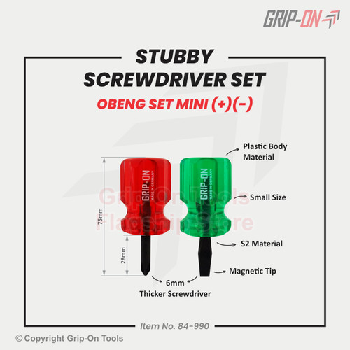 Grip-On Stubby Screwdriver Set / Eceran Obeng Set / Eceran Mini (+)(-)