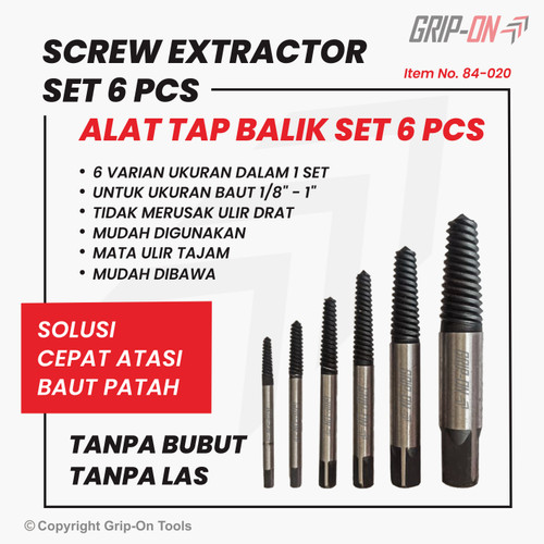 GRIP-ON SCREW EXTRACTOR SET / TAP BALIK SET ( 6PCS ) - CABUT MUR PATAH