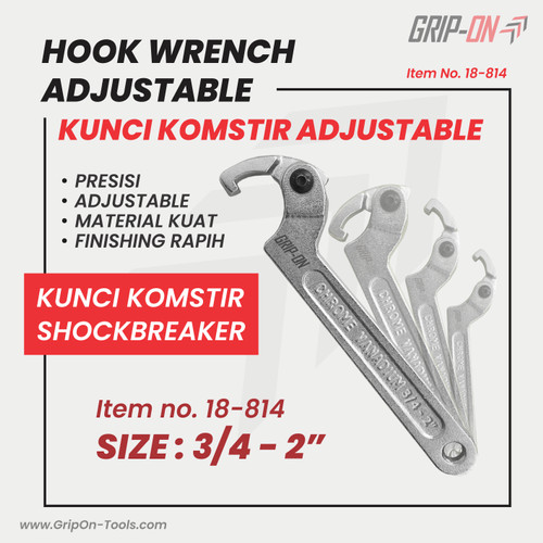 GRIP-ON HOOK WRENCH ADJUSTABLE KUNCI KOMSTIR FLEXIBLE 3/4 - 2 IN