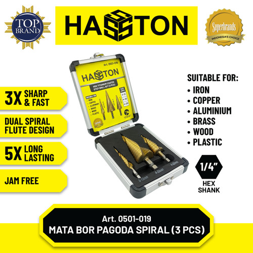 Hasston Mata Bor Pagoda Spiral Set 3Pcs /HSS Titanium Coated(0501-019)