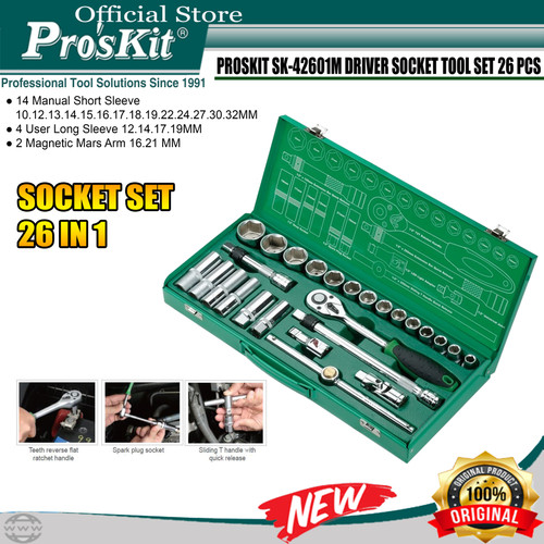 Proskit HW-42601M 26 Pcs Driver Socket Tool Set Kunci Sock Sok Wrench