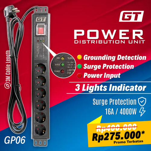 PDU 6 OUTLET 16A 4000W GT GP06 GERMANY OUTLET - STOP KONTAK COLOKAN LISTRIK MEJA KANTOR DAPUR RUMAH KABEL 3 METER POWER DISTRIBUTION UNIT RACK SERVER RAK