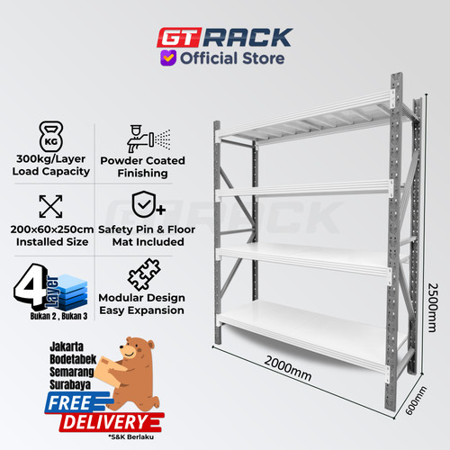 RAK BESI 300KG 4 TINGKAT 2.5 METER RACK GUDANG SUSUN SEMBAKO BANGUNAN