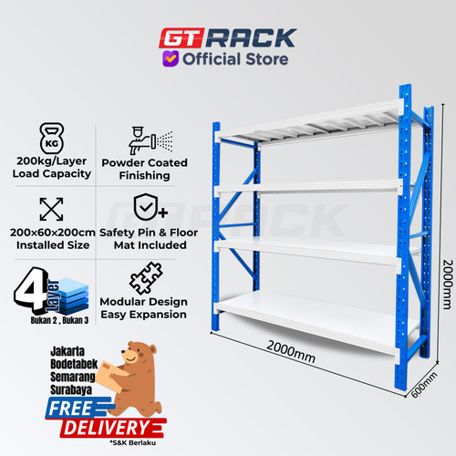 RAK BESI 200KG 4 TINGKAT 2 METER RACK GUDANG SUPERMARKET RUMAH GARASI