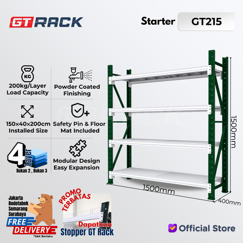 RAK GUDANG BESI GT RACK GT215 - 200KG 4 SUSUN 1.5 METER LEBAR 40CM