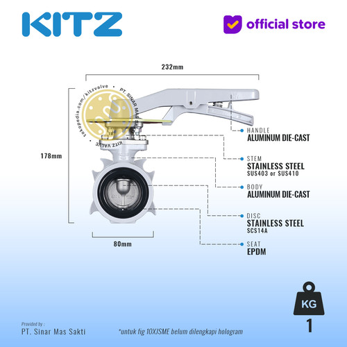 Butterfly Valve Aluminum KITZ Fig. 10XJSME , LEVER - SHORT NECK