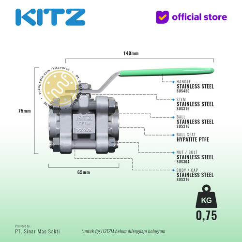 Ball Valve 3-Piece SUS316 KITZ Fig. 1000 AK/U3TZM , Drat / Screw