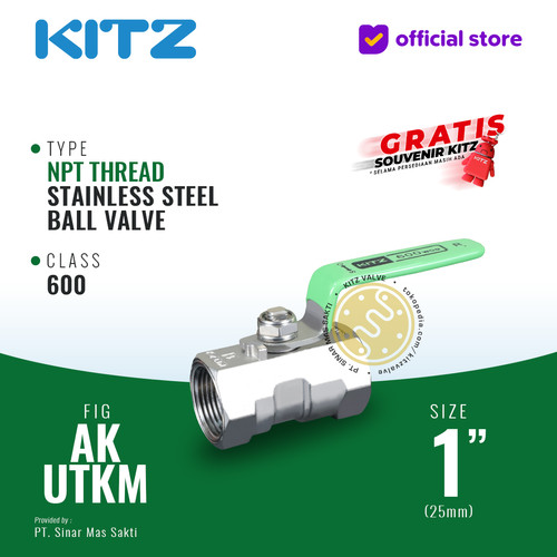 Ball Valve NPT SUS KITZ Fig. 600 AKUTKM , 1" - 25A - 25mm , Drat Kasar