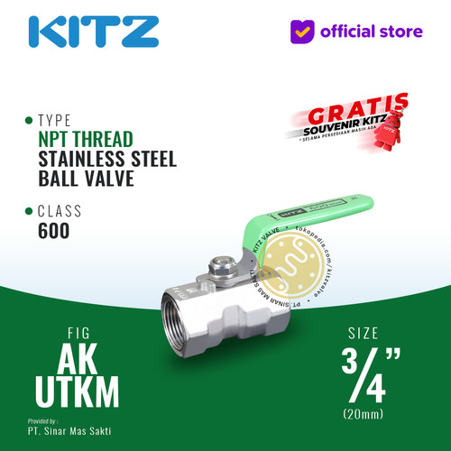 Ball Valve NPT SUS KITZ Fig. 600 AKUTKM , 3/4" - 20mm , Drat Kasar