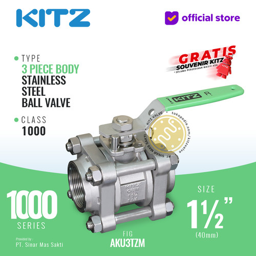 KITZ 3-Piece SUS Ball Valve Fig. 1000 AKU3TZM , 1 1/2" - 40mm Drat NPT