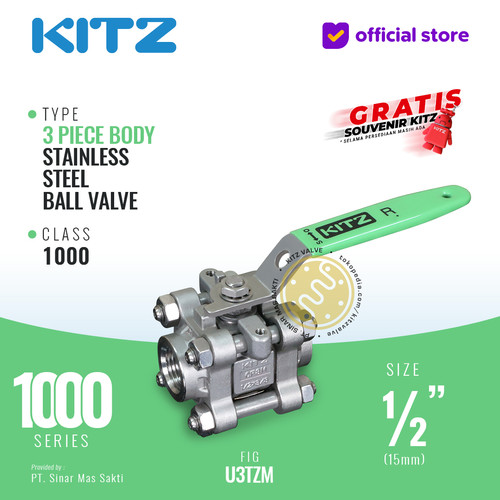 KITZ 3-Piece SUS Ball Valve Fig. 1000 U3TZM , 1/2" - 15mm, Drat/Screw