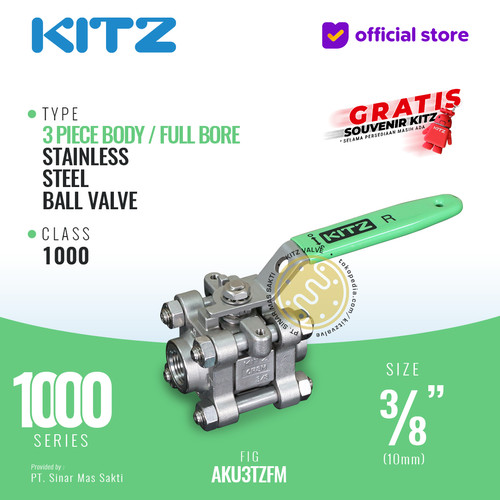 KITZ 3-Piece SUS Ball Valve Fig. 1000 AKU3TZFM , 3/8" - 10mm, Drat NPT