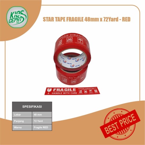 Lakban STAR TAPE FRAGILE MERAH (48mm x 65Meter)