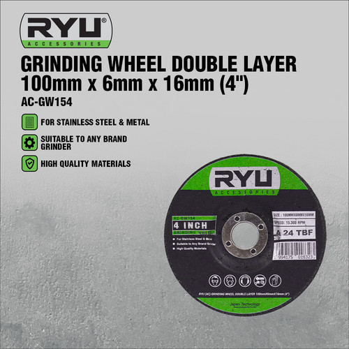 RYU GRINDING WHEEL DOUBLE LAYER 100 mm x 6 mm x 16 mm (4")