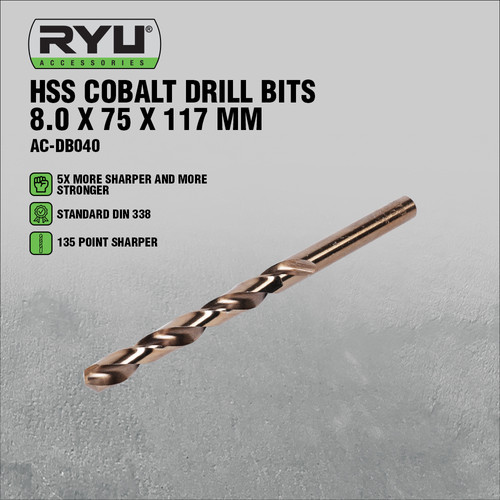 RYU HSS COBALT DRILL BITS 8.0 X 75 X 117 MM - MATA BOR BESI/STAINLESS