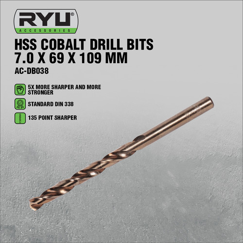 RYU HSS COBALT DRILL BITS 7.0 X 69 X 109 MM - MATA BOR BESI/STAINLESS