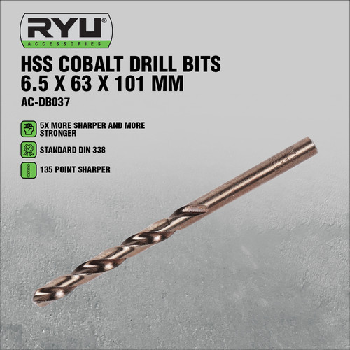 RYU HSS COBALT DRILL BITS 6.5 X 63 X 101 MM - MATA BOR BESI/STAINLESS