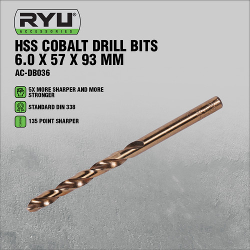 RYU HSS COBALT DRILL BITS 6.0 X 57 X 93 MM - MATA BOR BESI/STAINLESS