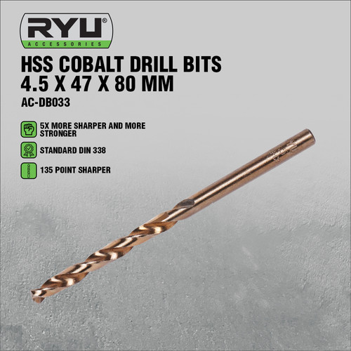 RYU HSS COBALT DRILL BITS 4.5 X 47 X 80 MM - MATA BOR BESI/STAINLESS