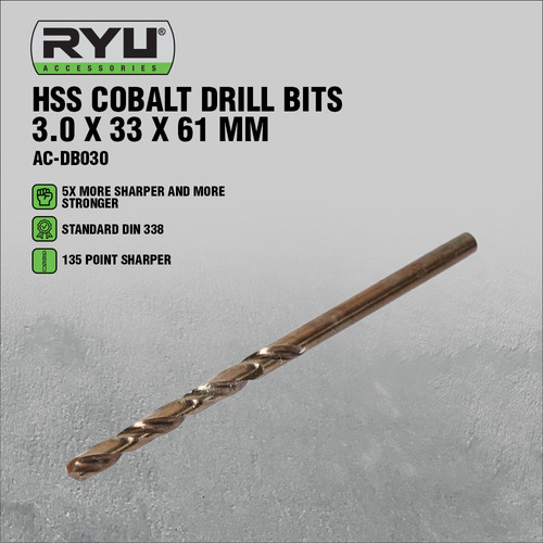 RYU HSS COBALT DRILL BITS 3.0 X 33 X 61 MM - MATA BOR BESI/STAINLESS