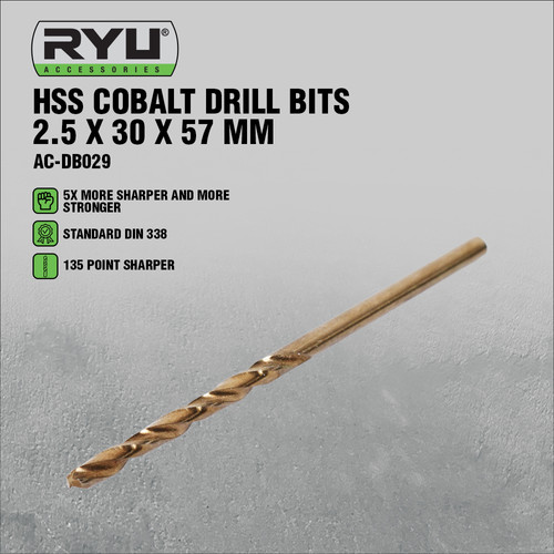 RYU HSS COBALT DRILL BITS 2.5 X 30 X 57 MM - MATA BOR BESI/STAINLESS