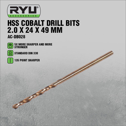 RYU HSS COBALT DRILL BITS 2.0 X 24 X 49 MM - MATA BOR BESI/STAINLESS