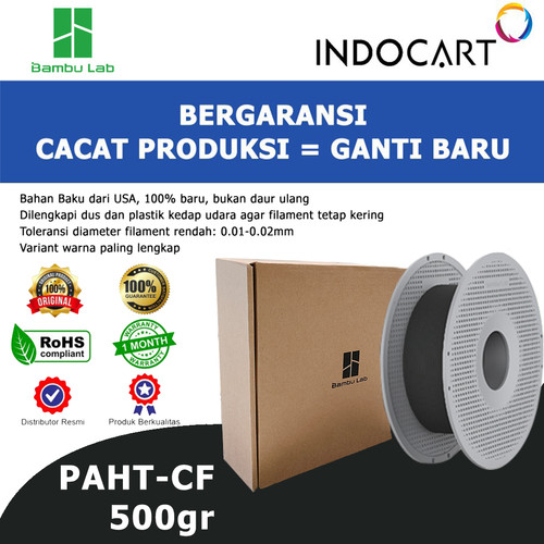 INDOCART Tinta Filamen 3D Printer BambuLab PAHT CF 1.75mm 500gr-Black