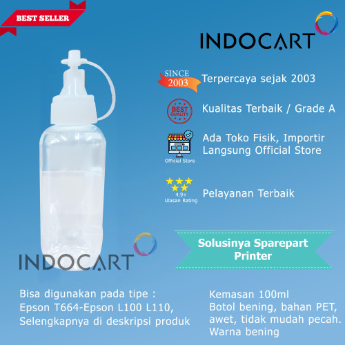 Botol Bulat 100ml-Bening PET+Corong Kerucut-Epson 664 673 Canon GI790