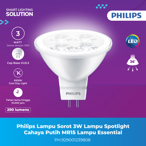 Philips Lampu Sorot 3W Lampu Spotlight Cahaya Putih MR15 Essential