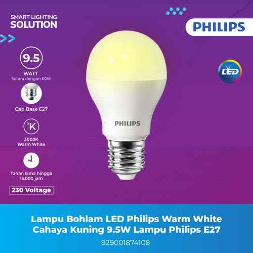 Lampu Bohlam LED Philips Warm White Cahaya Kuning 9.5W Lampu Philips