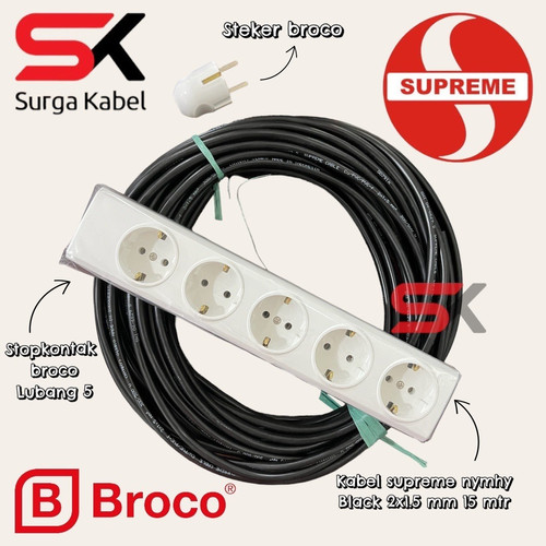 PAKET stopkontak & steker BROCO + kabel NYYHY 2x1.5 SUPREME 15 meter