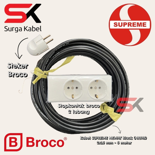 PAKET stop kontak & steker BROCO + KABEL NYYHY 2x1.5 SUPREME 5 meter