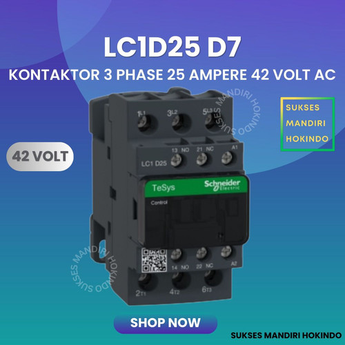 Kontaktor 3P 25A 3 Phase 25 Ampere Coil 42Volt AC 3 Pas 25 Amper Contactor Schneider LC1D25D7 42 VOLT Original SNI