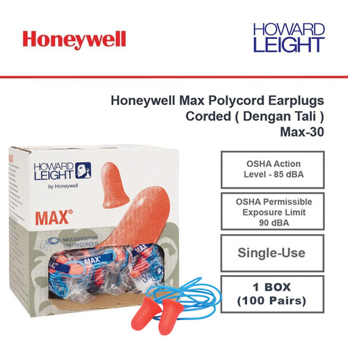 Earplugs Honeywell Corded Disposable Foam Earplugs MAX-30 - 1 BOX