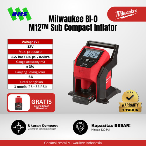 Pompa Ban Portable Milwaukee M12 BI-0 Sub Inflator Alat Isi Angin Baterai Motor Mobil Sepeda