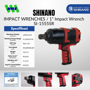 Mesin Impek Angin Shinano SI-1555SR 1" Inch Air Impact Wrench Twin Hammer Pengencang Baut Maks Torsi 1650Nm Speed 6500rpm