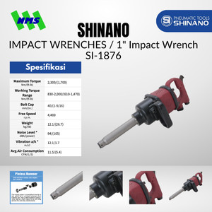 Mesin Impek Angin Shinano SI-1876 1" Air Impact Wrench Long Anvil Pinless Hammer Pengencang Baut Maks Torsi 2300Nm Speed 4400 rpm