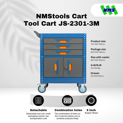 Troli Bengkel 3-Drawer Tool Trolley with Cabinet NMStools CART JS-2301-3M Blue & Grey - Box Kunci Dorong Susun Trolli Troly