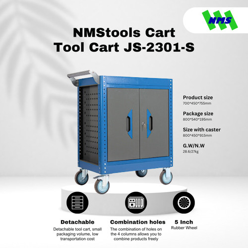 Troli Bengkel Kecil Tool Trolley with Cabinet NMStools CART JS-2301-S Blue & Grey Box Kunci Dorong Susun Trolli Troly