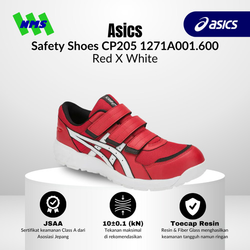 Sepatu Safety Asics Winjob CP205 Classic Red x White Merah Original Velcro Non Tali Low Cut Sneakers Kerja