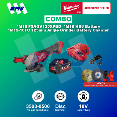 Combo Milwaukee M18 FSAGV125XPDB + HB8 + M12-18FC 125mm Angle Grinder