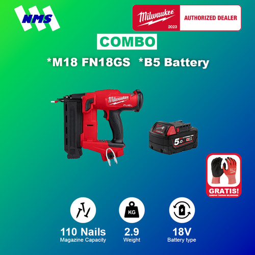 Mesin Paku Milwaukee M18 FN18GS + B5 18 Gauge Brad Nailer Combo