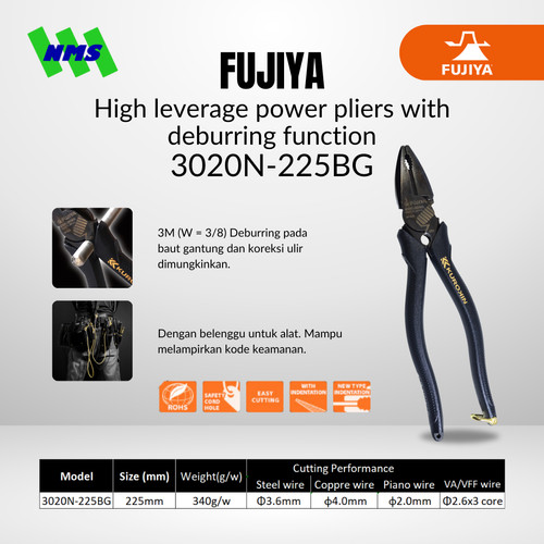 Tang FUJIYA 3020N-225BG High Leverage Powers Pliers Kurokin Japan