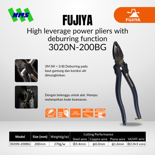 Tang FUJIYA 3020N-200BG High Leverage Powers Pliers Kurokin Japan 8"