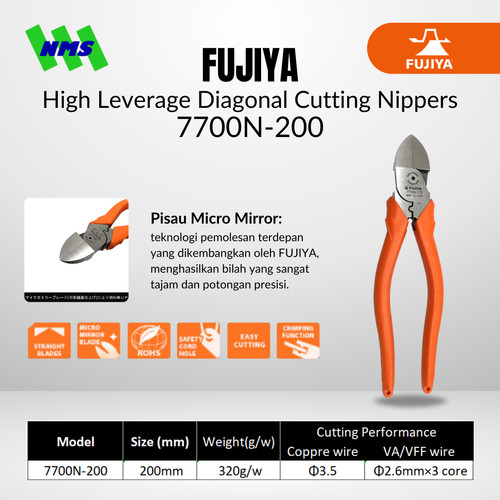 Tang FUJIYA 7700N-200 High Leverage Diagonal Cutting Nippers Japan